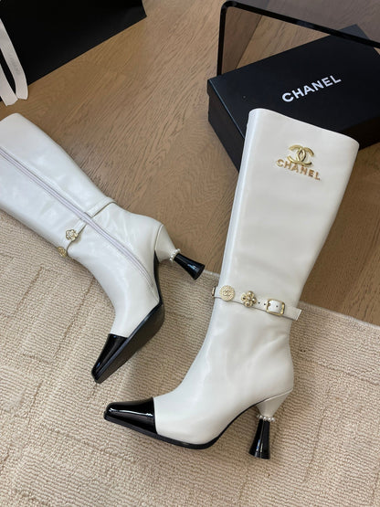 KNEE HIGH BOOTS IN WHITE MIX BLACK CALFSKIN