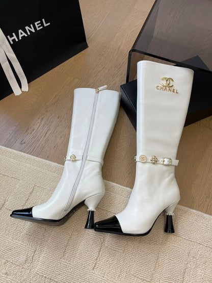 KNEE HIGH BOOTS IN WHITE MIX BLACK CALFSKIN