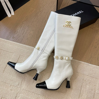KNEE HIGH BOOTS IN WHITE MIX BLACK CALFSKIN