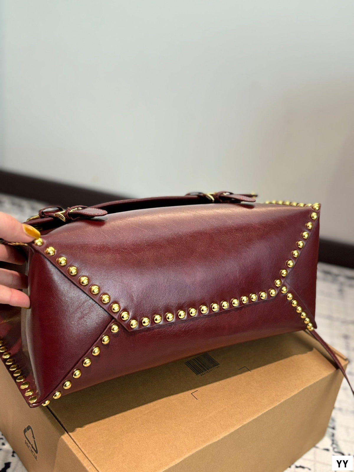 STUDDED BRIEFCASE 34 IN BURGUNDY RED SHINY SMOOTH CALFSKIN