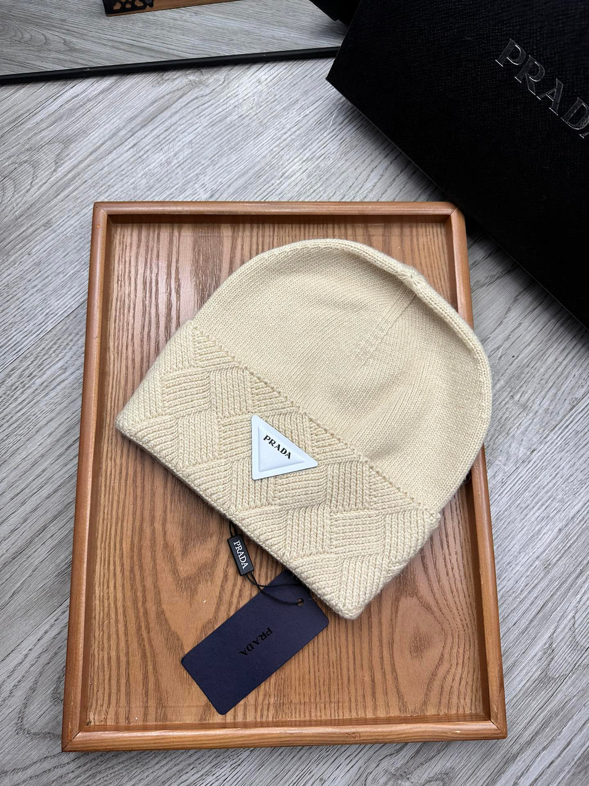 BEANIE HAT IN BISQUE BEIGE WOOL AND RABBIT FUR 342035