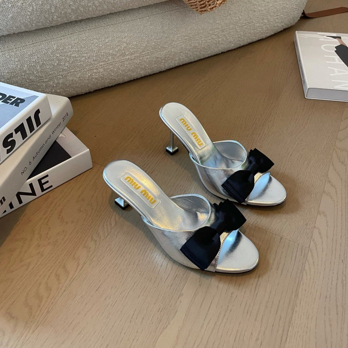 Silver High - Heels With Black Bow Calfskin