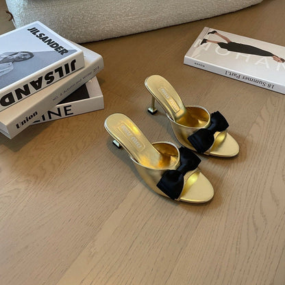 Metallic Gold High - Heels With Black Bow Calfskin