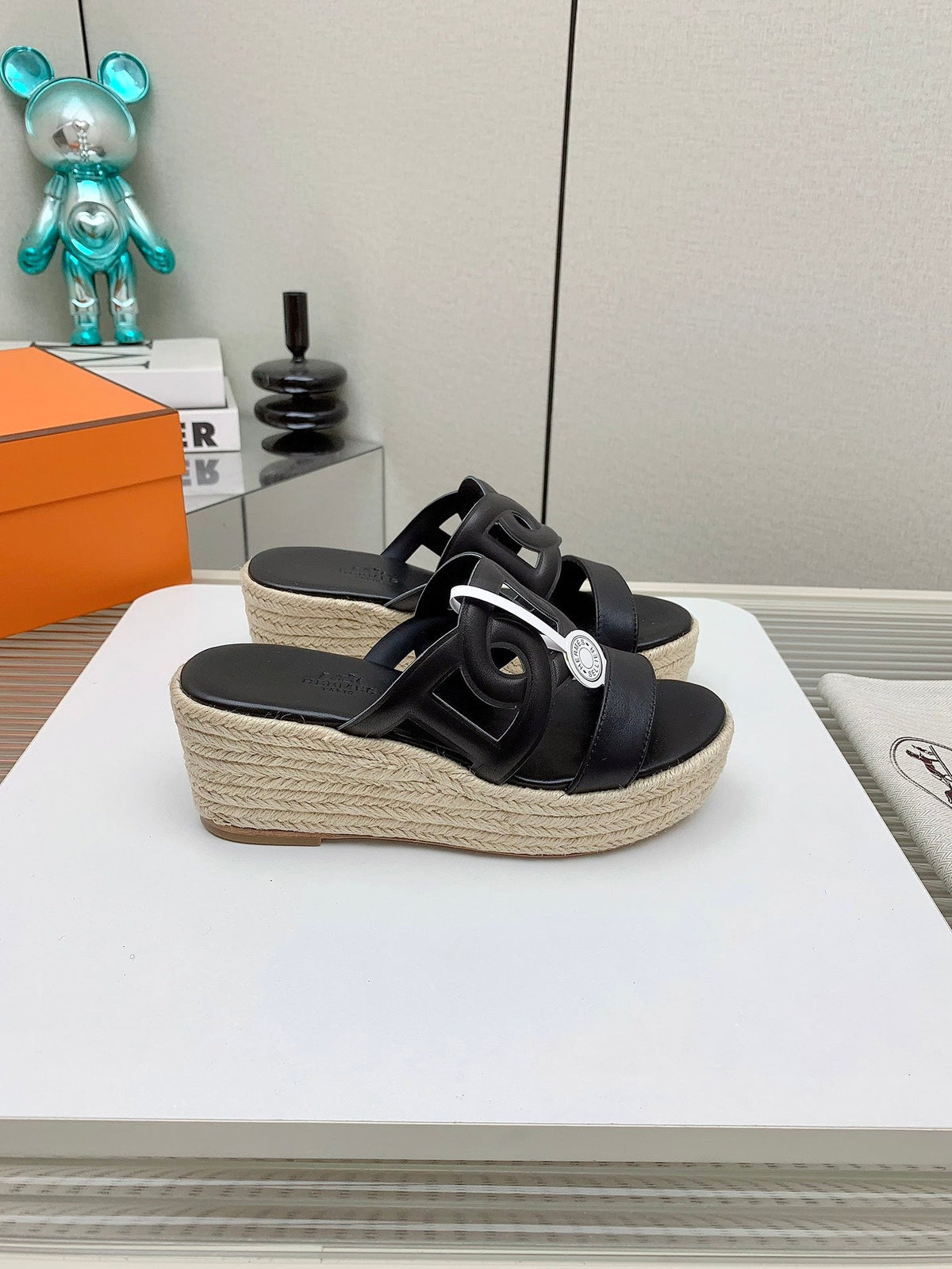 ITHEA 85 MM ESPADRILLE IN BLACK CALFSKIN