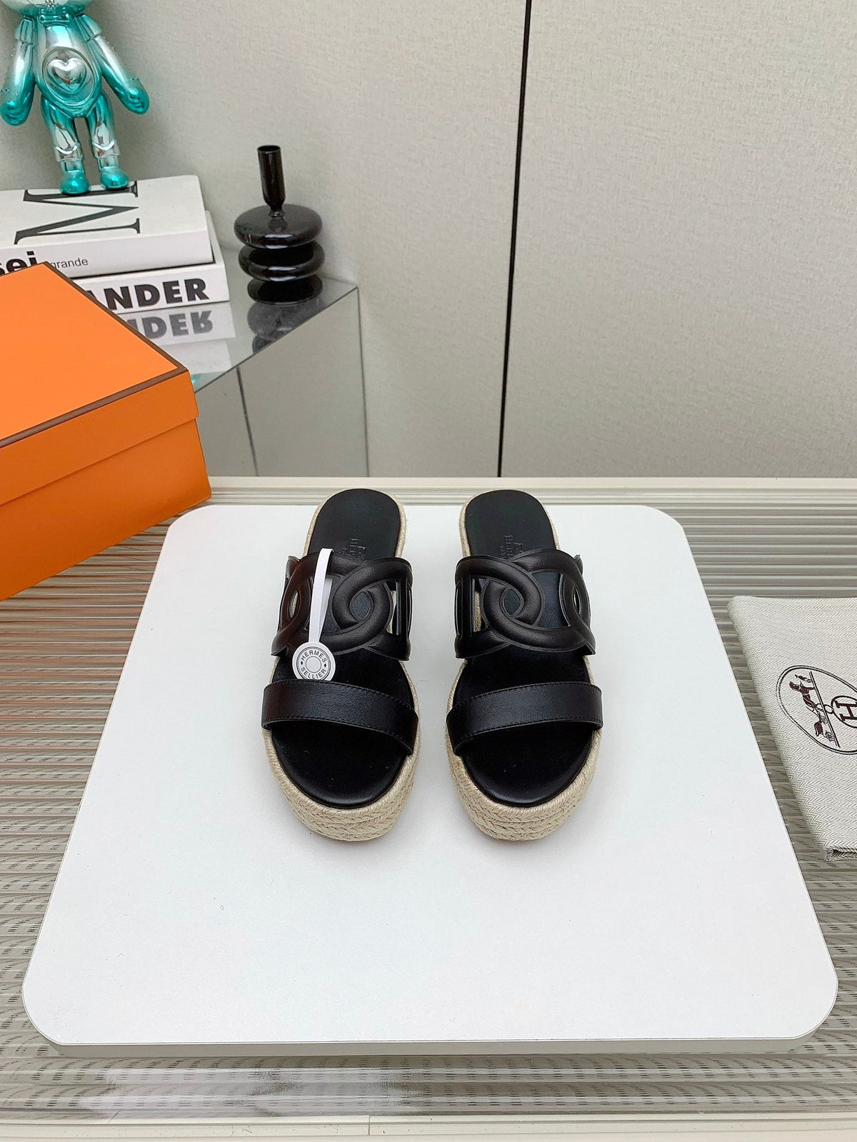 ITHEA 85 MM ESPADRILLE IN BLACK CALFSKIN