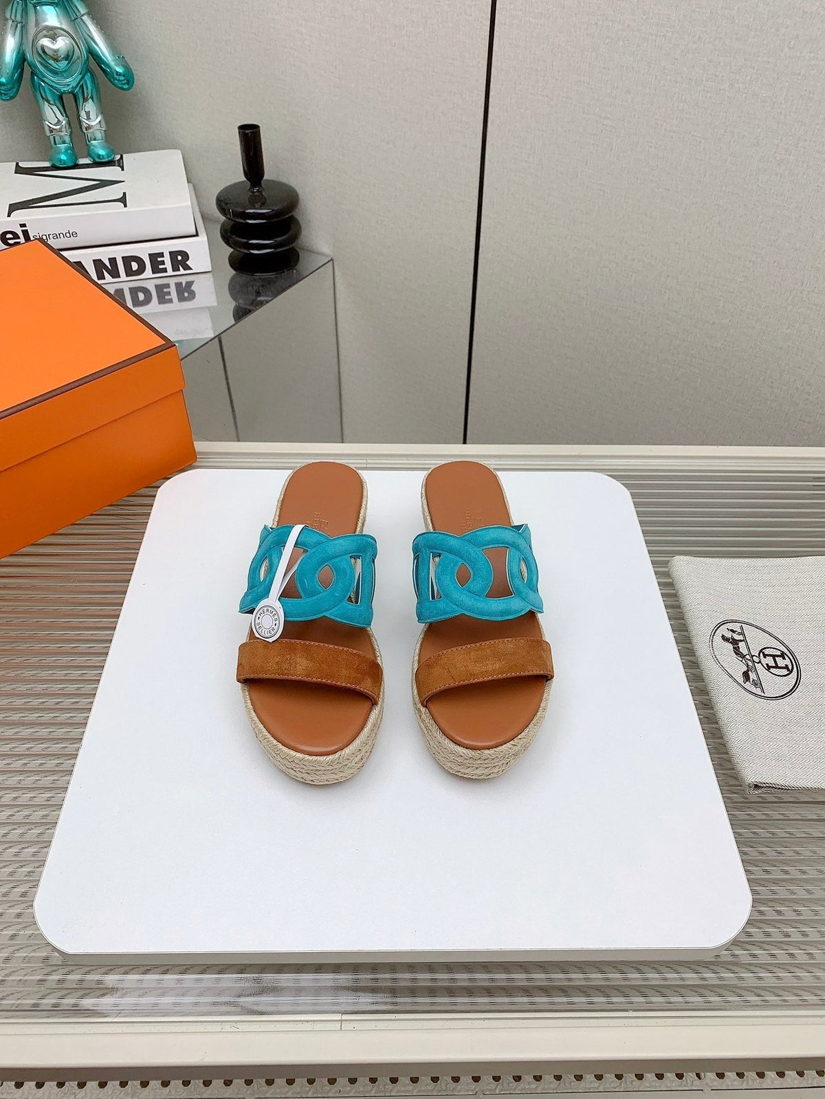 ITHEA 85 MM ESPADRILLE IN BRONZE BROWN AND CERULEAN BLUE SUEDE