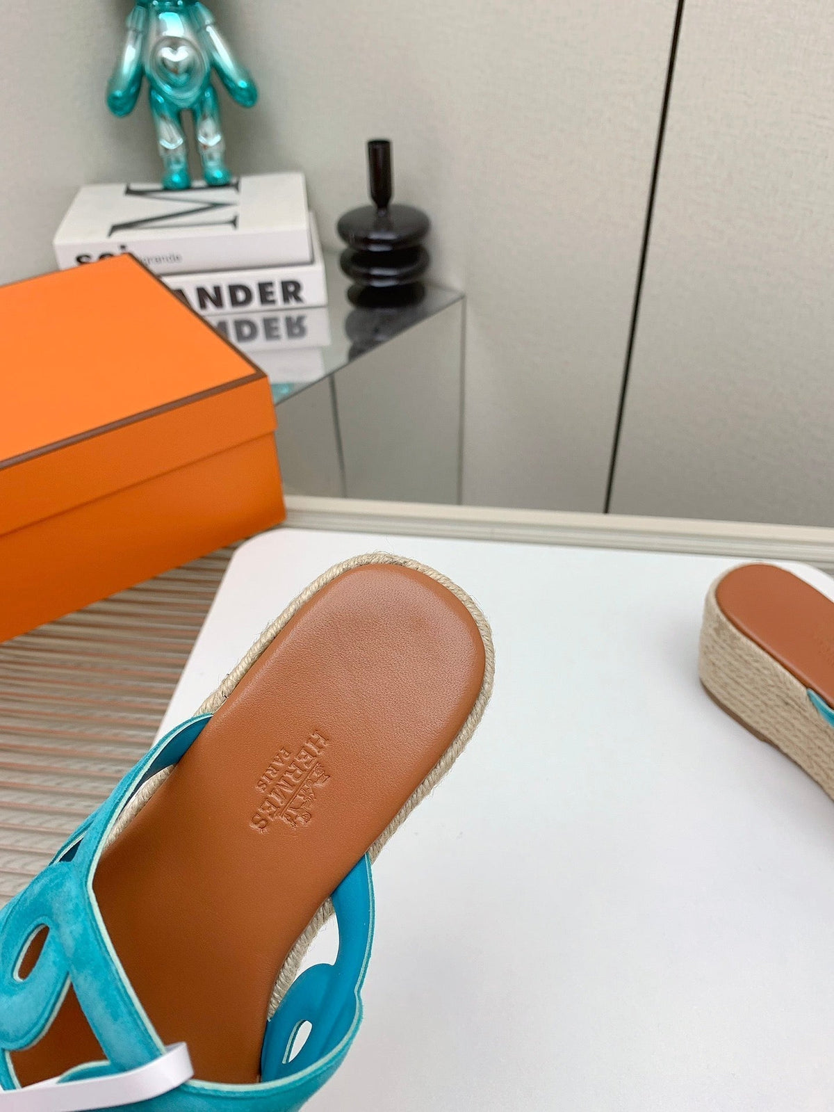 ITHEA 85 MM ESPADRILLE IN BRONZE BROWN AND CERULEAN BLUE SUEDE
