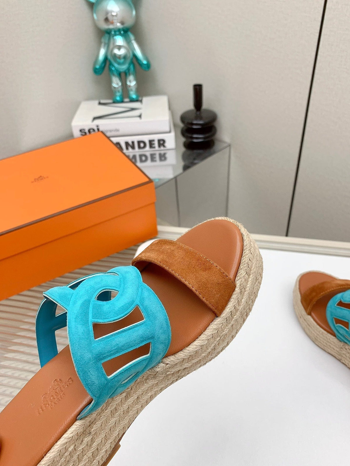 ITHEA 85 MM ESPADRILLE IN BRONZE BROWN AND CERULEAN BLUE SUEDE