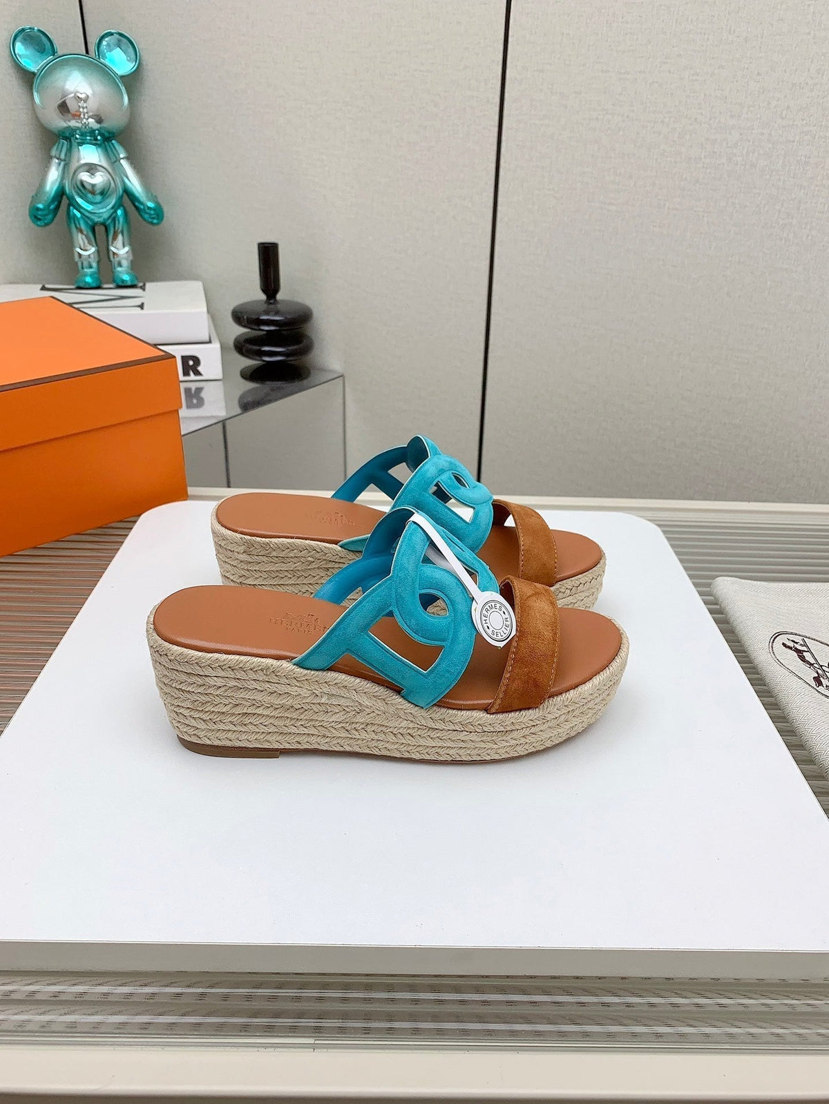 ITHEA 85 MM ESPADRILLE IN BRONZE BROWN AND CERULEAN BLUE SUEDE
