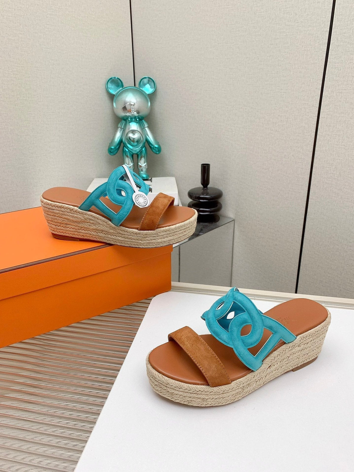 ITHEA 85 MM ESPADRILLE IN BRONZE BROWN AND CERULEAN BLUE SUEDE