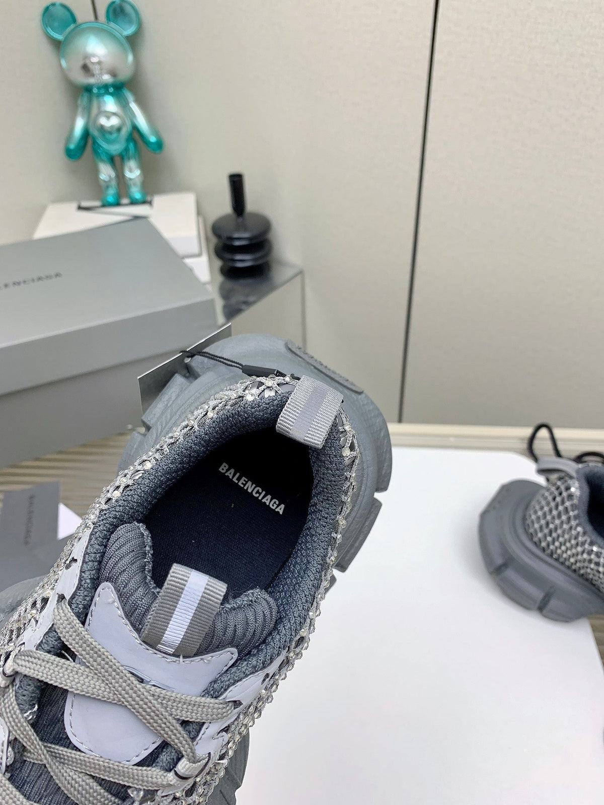 XL FISHNET SNEAKER IN GRAY MESH, POLYURETHANE, POLYESTER WITH RHINESTONES