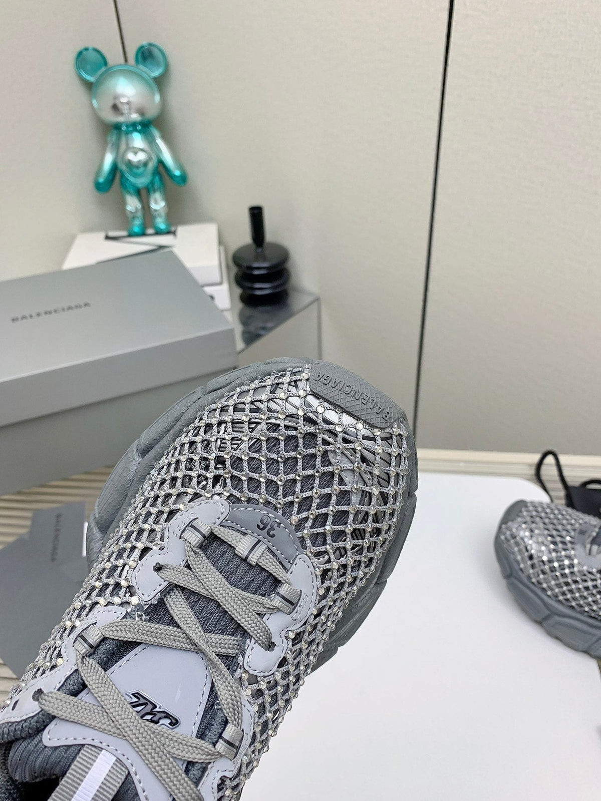 XL FISHNET SNEAKER IN GRAY MESH, POLYURETHANE, POLYESTER WITH RHINESTONES