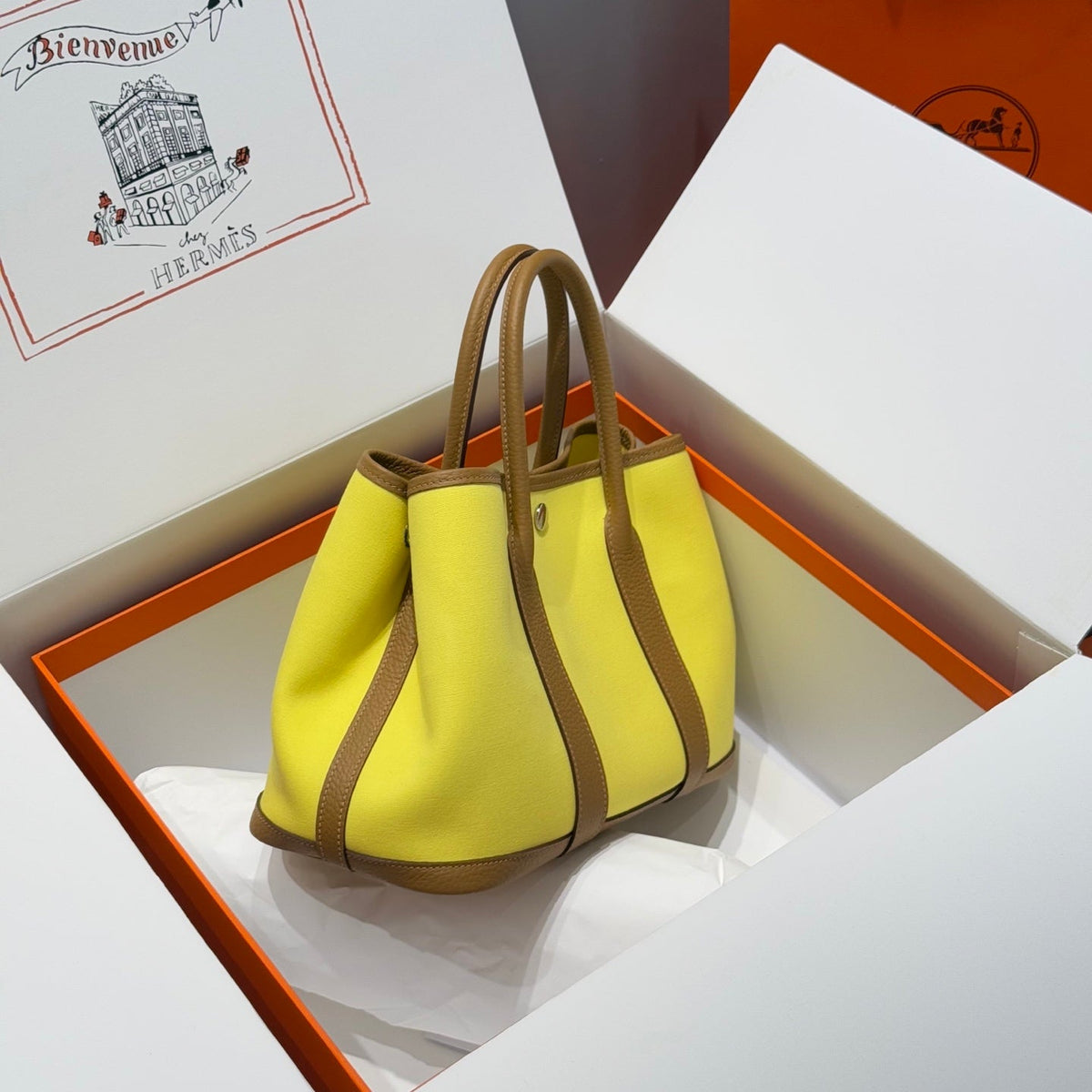 GARDEN PARTY 30CM IN YELLOW TOILETS COTTON CANVAS AND BEIGE MARFA CALFSKIN