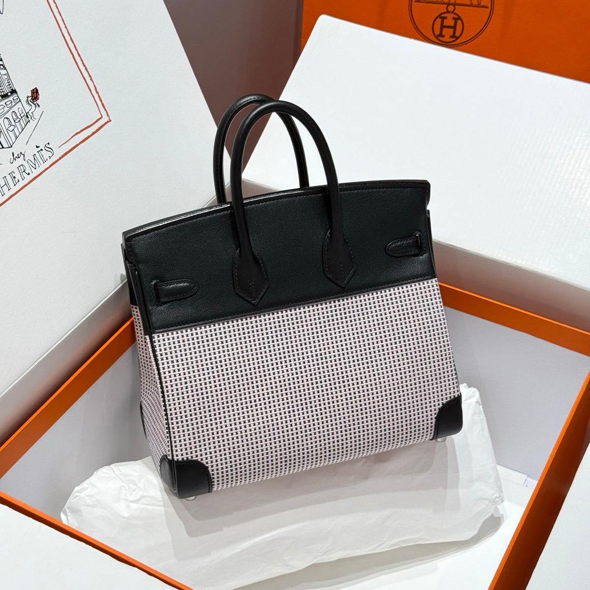 QUADRILLE BIRKIN 25CM IN BLACK SWIFT CALFSKIN WHITE BLUE PINK PLAID TOILE CANVAS