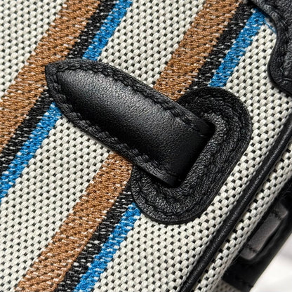 BIRKIN SHOULDER 29 IN BLACK CALFSKIN ÉCRU/NOIR/FAUVE/NOIR/BLEU ZANZIBAR EMBROIDERY CANVAS
