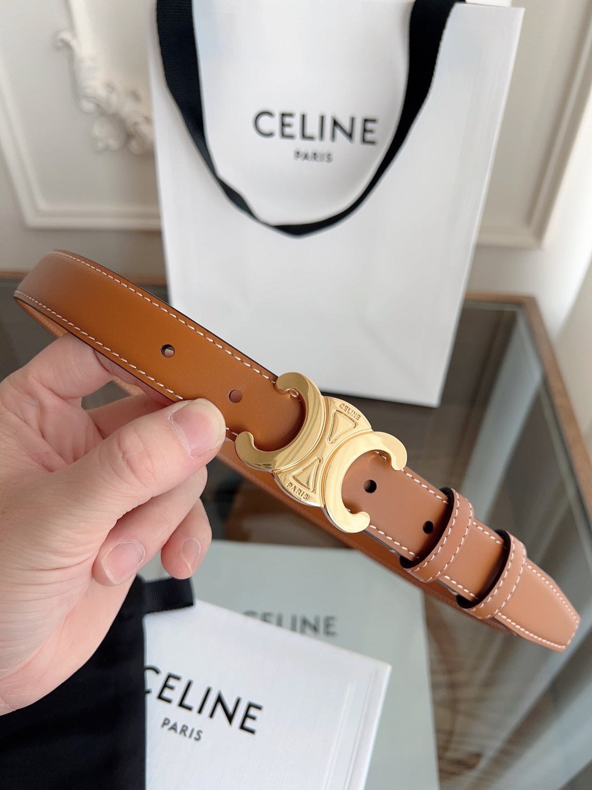 TRIOMPHE BELT 24MM IN BRONZE BROWN CALFSKIN WITH GOLD BUCKLE