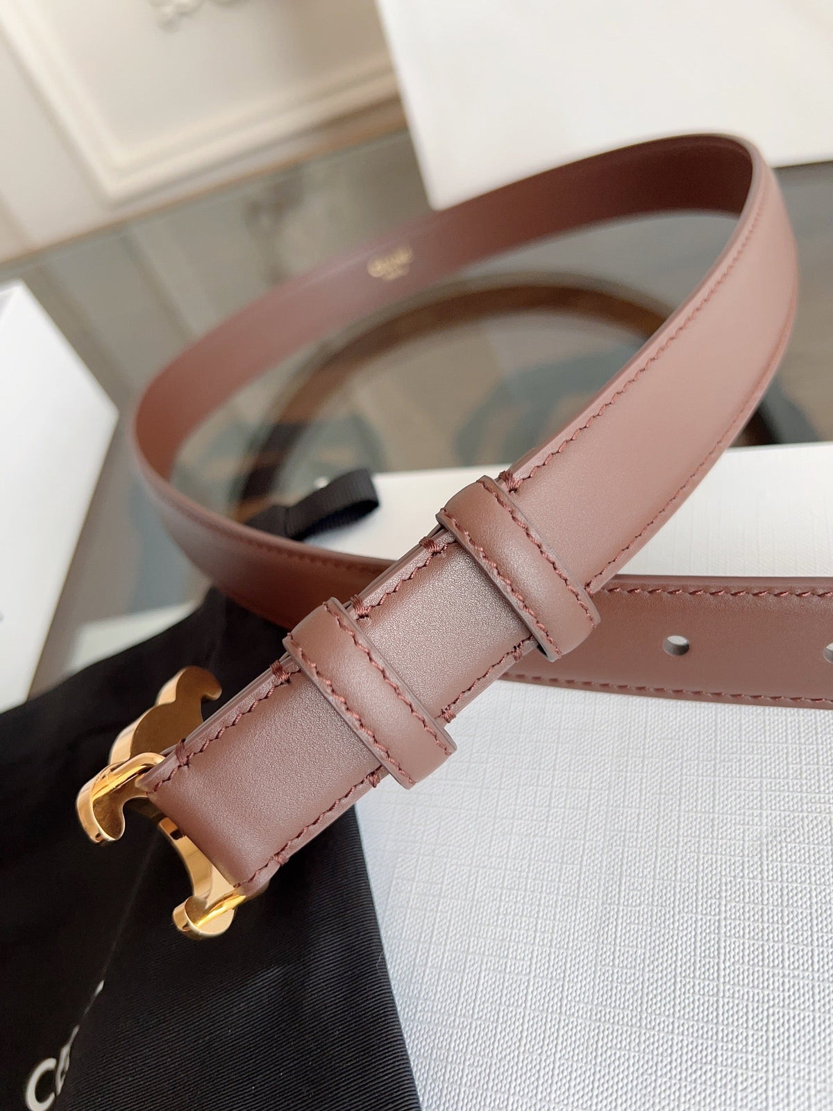TRIOMPHE BELT 24MM IN BROWN CALFSKIN WITH GOLD BUCKLE