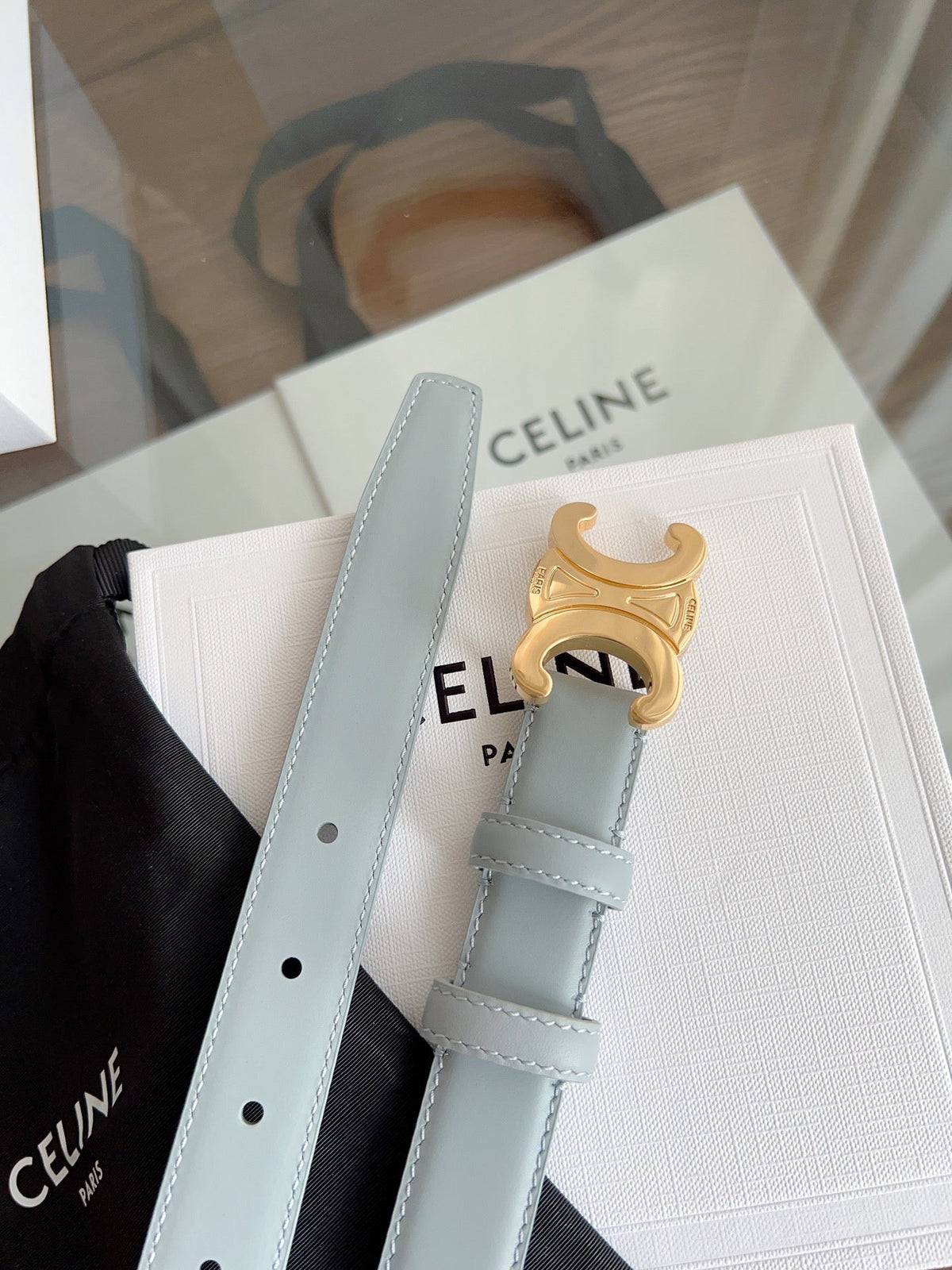 TRIOMPHE BELT 24MM IN ASH GRAY CALFSKIN WITH GOLD BUCKLE