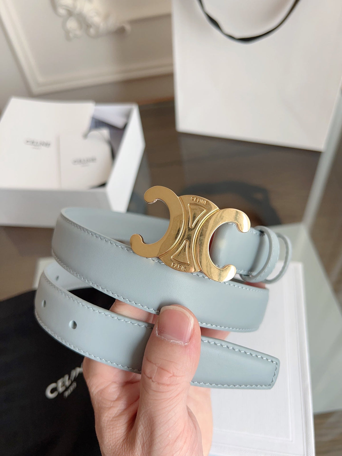 TRIOMPHE BELT 24MM IN ASH GRAY CALFSKIN WITH GOLD BUCKLE