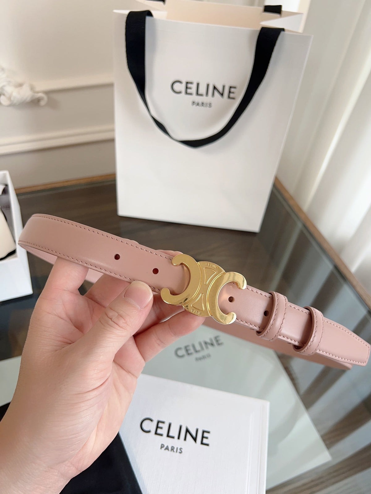 TRIOMPHE BELT 24MM IN TEA ROSE CALFSKIN WITH GOLD BUCKLE