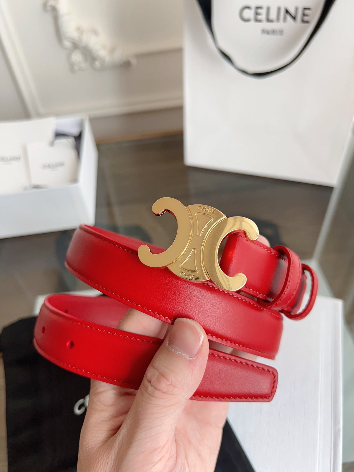 TRIOMPHE BELT 24MM IN RED CALFSKIN WITH GOLD BUCKLE