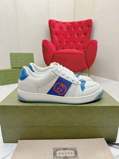 GG WOMEN'S SCREENER TRAINER WHITE AND BLUE CALFSKIN