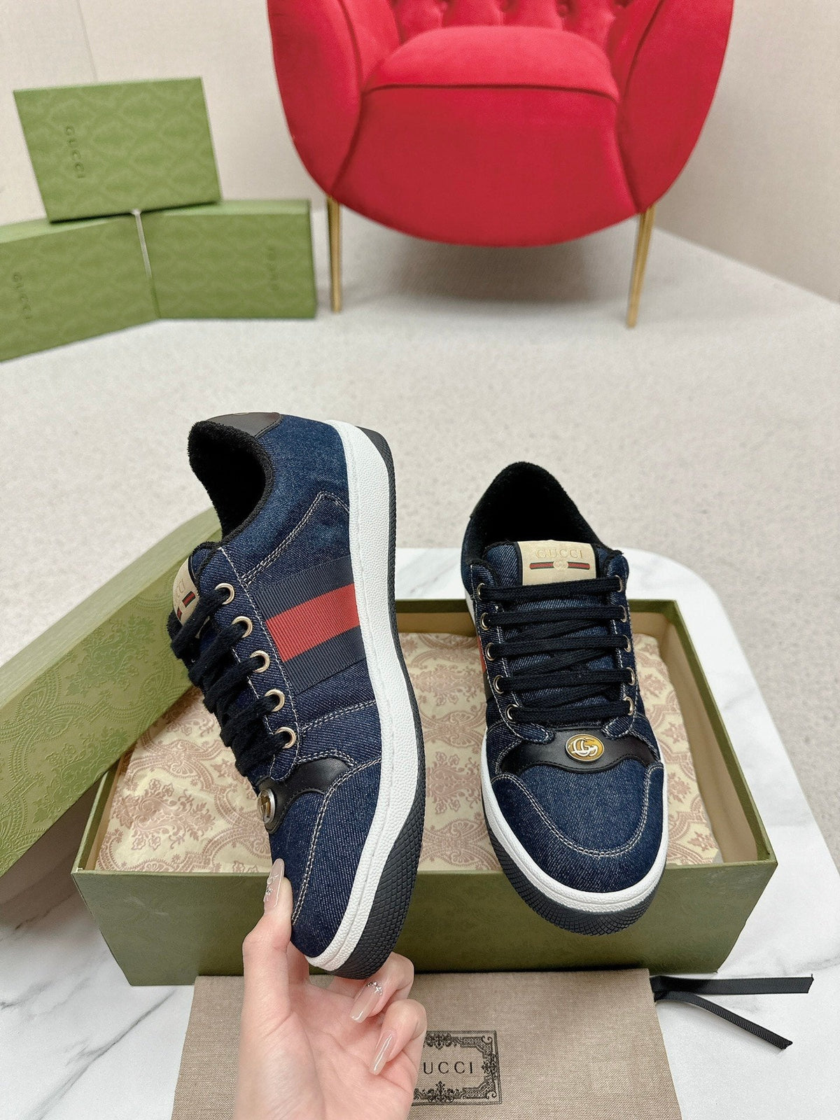GG WOMEN'S SCREENER TRAINER DENIM CALFSKIN