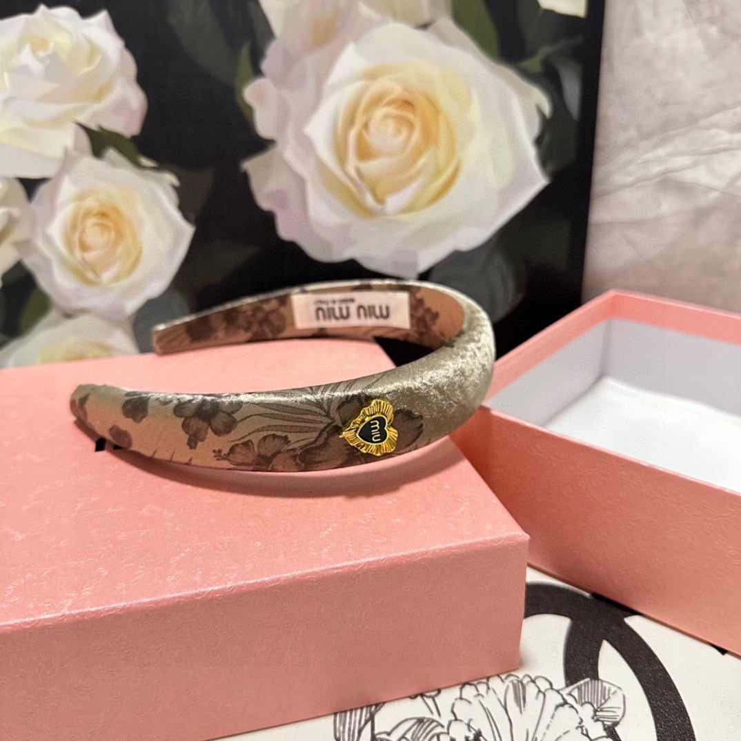 SILK THICK HEADBAND DARK BEIGE FLOWER PRINT 239960