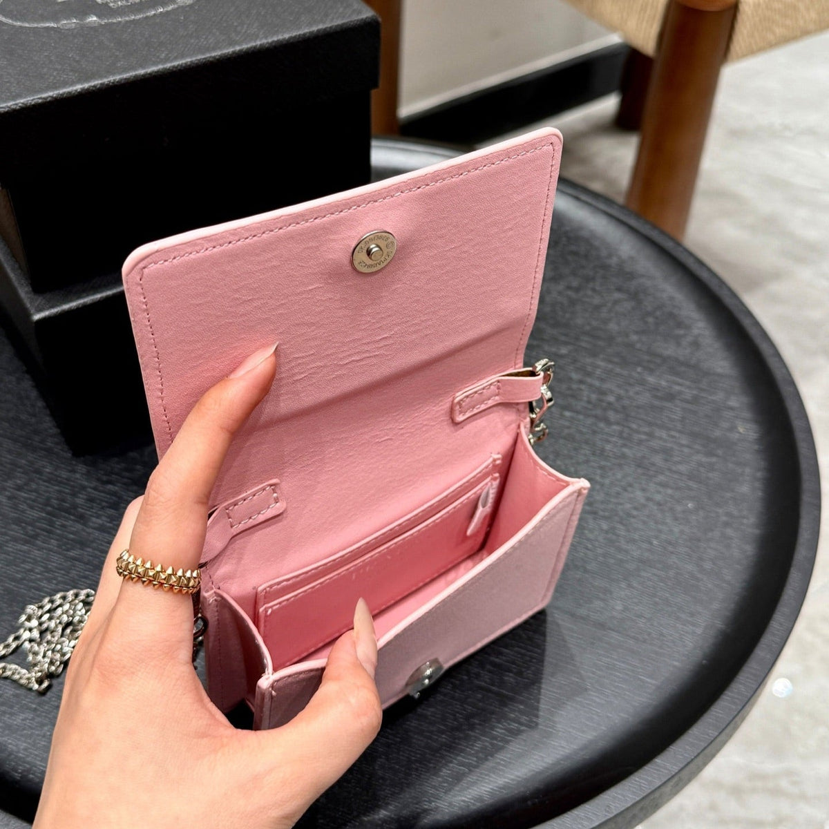 STUDDED CRYSTAL WALLET ON CHAIN 13 IN PINK CALFSKIN