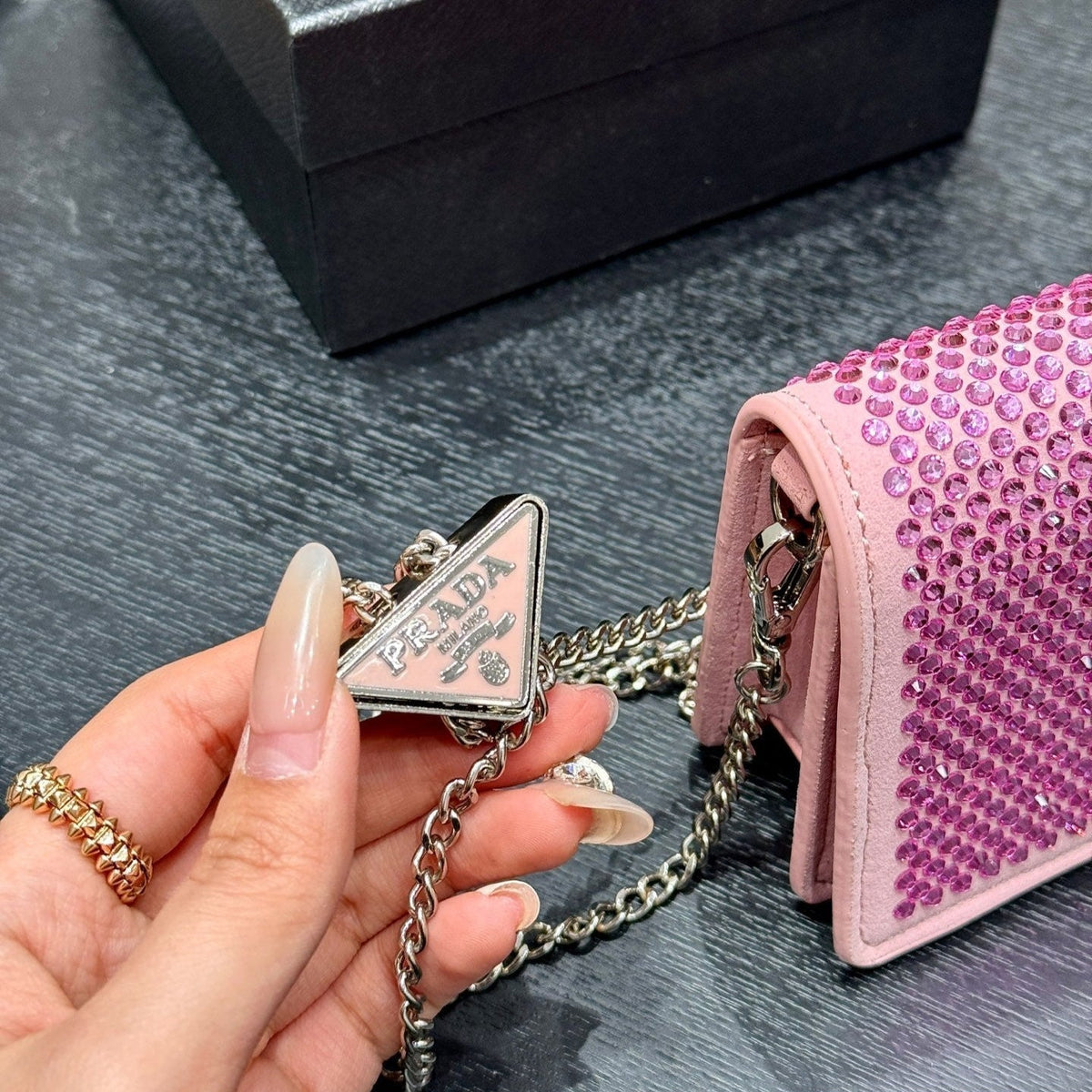 STUDDED CRYSTAL WALLET ON CHAIN 13 IN PINK CALFSKIN