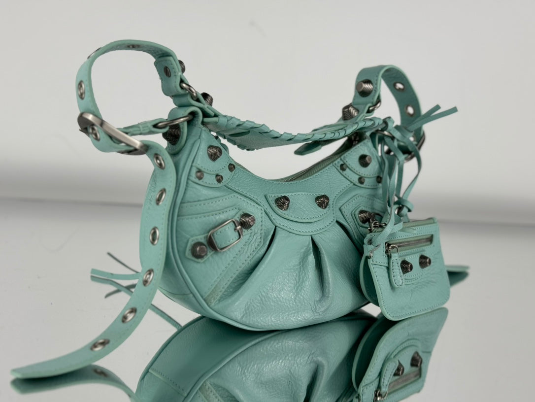 LE CAGOLE SMALL SHOULDER BAG 26 WITH RHINESTONES IN MINT GREEN LAMBSKIN