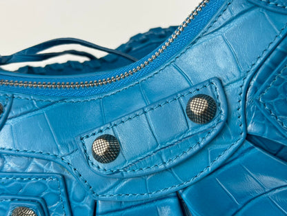 LE CAGOLE SMALL SHOULDER BAG 26 WITH RHINESTONES IN DODPER BLUE CROCODILE EMBOSSED CALFSKIN
