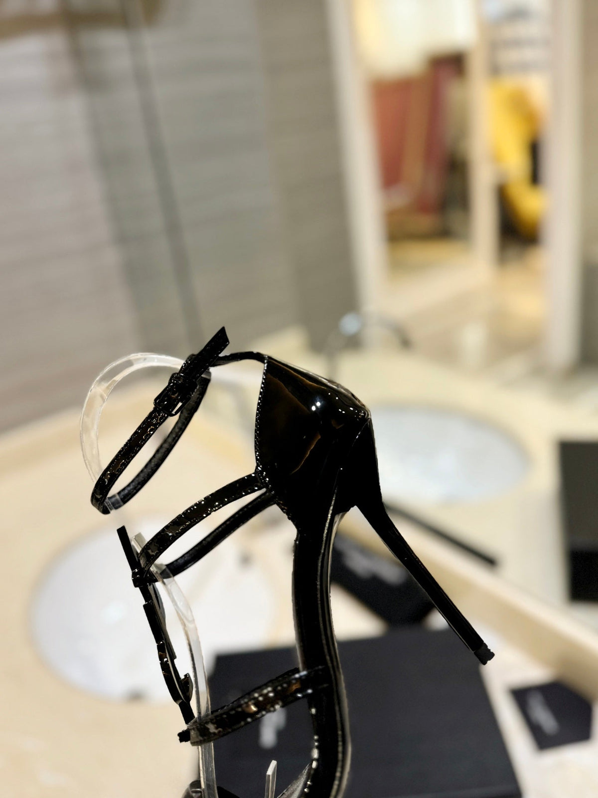 SL CASSANDRA HEELED SANDALS BLACK POLISHED CALFSKIN