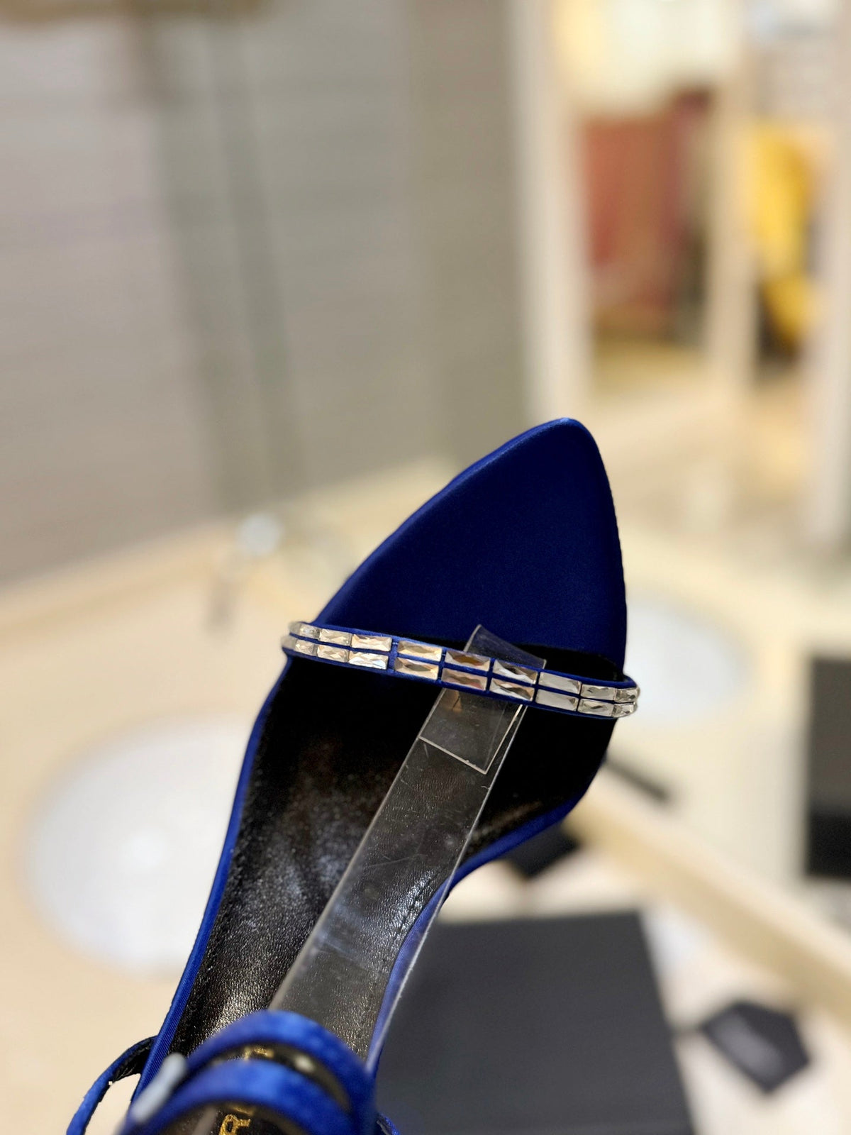 SL RHINESTONE HEELED SANDALS COBALT SATIN