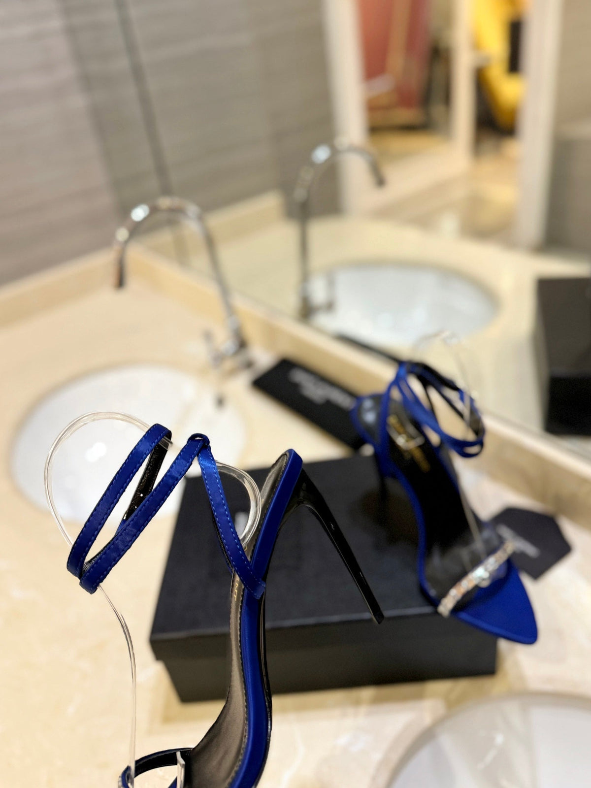 SL RHINESTONE HEELED SANDALS COBALT SATIN