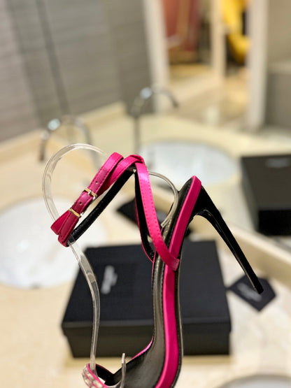 SL RHINESTONE HEELED SANDALS BRIGHT PINK SATIN