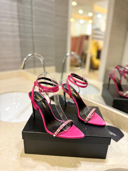SL RHINESTONE HEELED SANDALS BRIGHT PINK SATIN