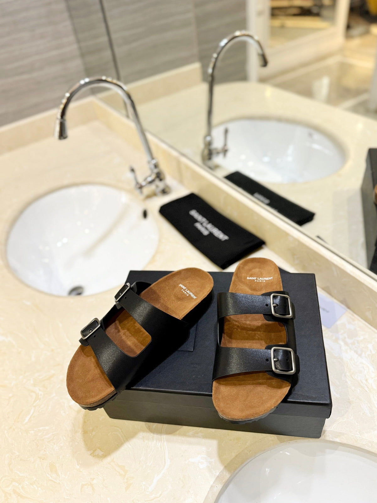 SL Flat Sandal Women Brown Seude Black Calfskin