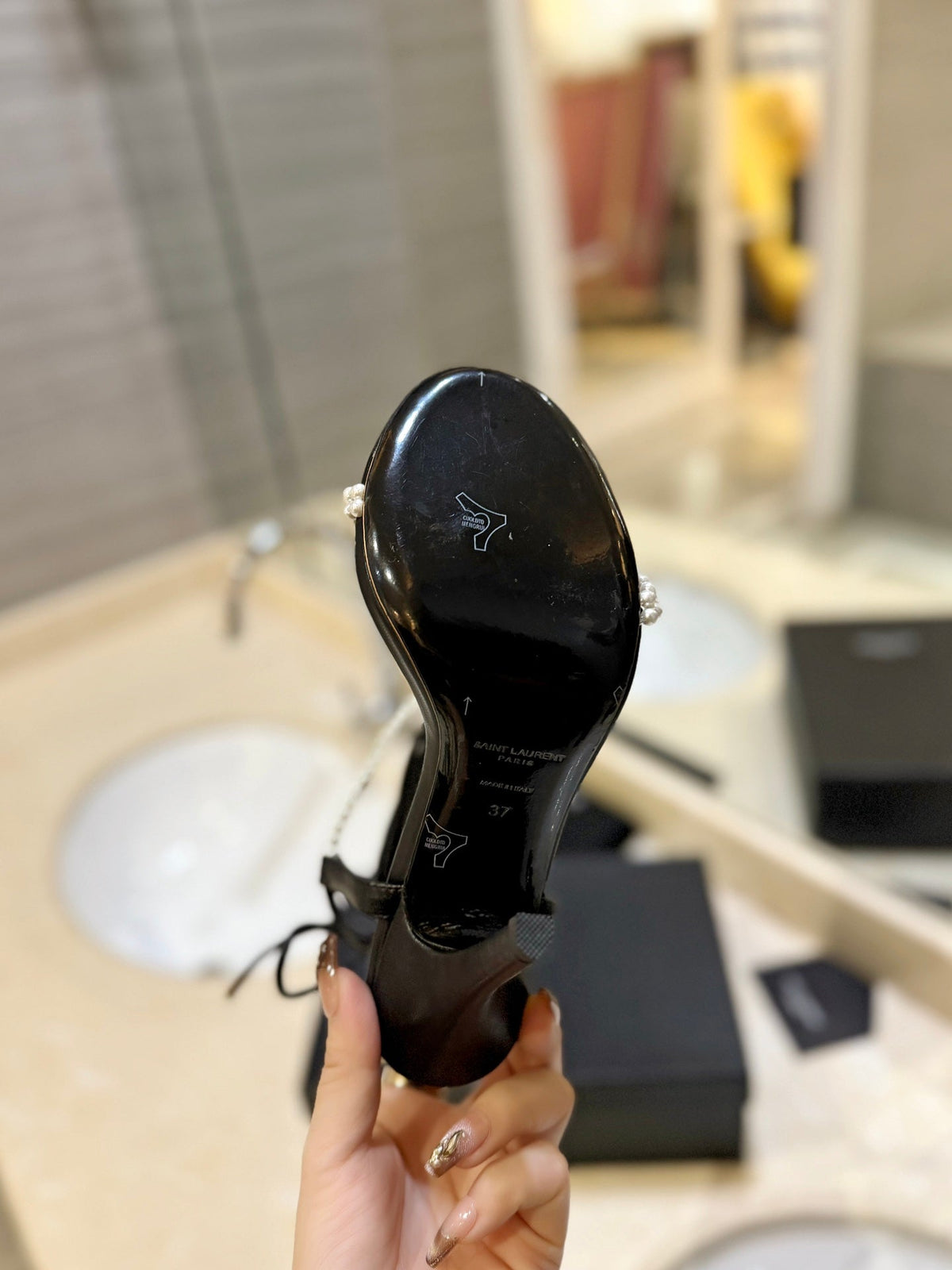 SL PEARL HIGH HEEL SANDALS BLACK CALFSKIN