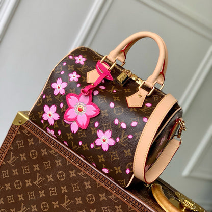 SPEEDY BANDOULIÈRE CHERRY BLOSSOM 25 IN SAKURA BROWN MONOGRAM COATED CANVAS