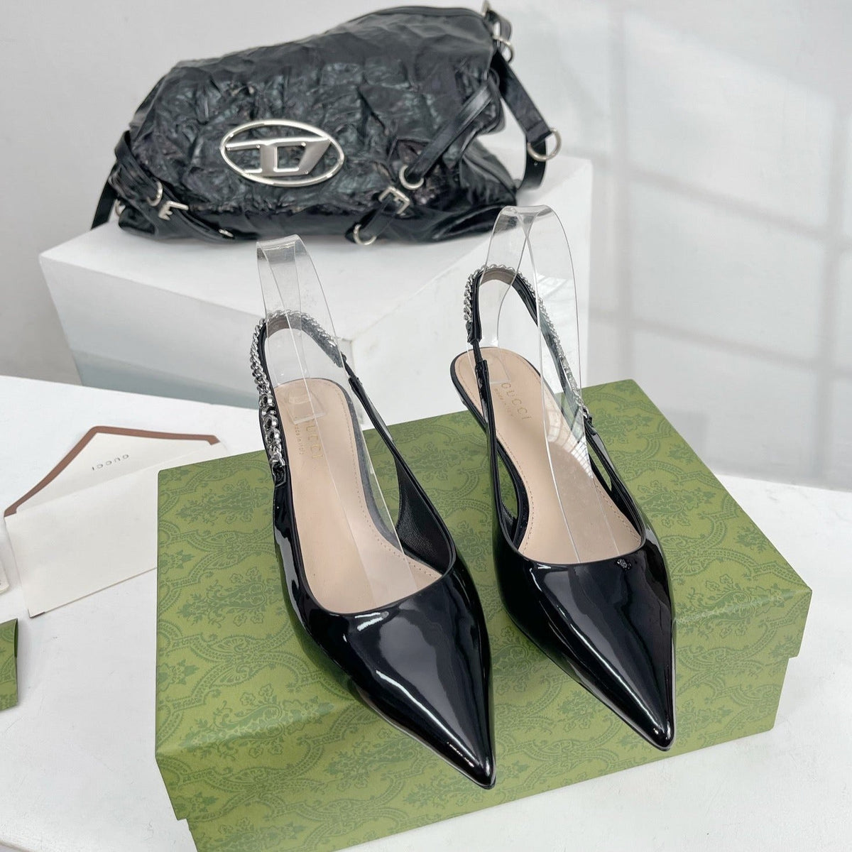 GG SIGNORIA 45 SLINGBACK PUMP GLOSSY BLACK LAMBSKIN