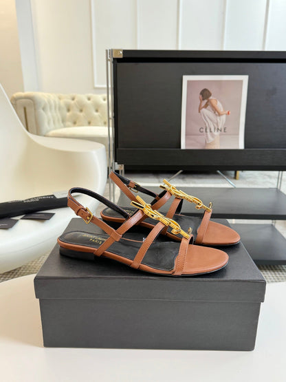 Yves SL Buckle Women Sandals Black Tan Leather