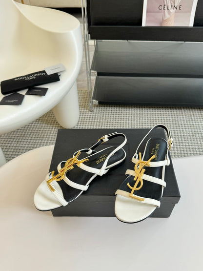 Yves SL Buckle Women Sandals Black White Leather
