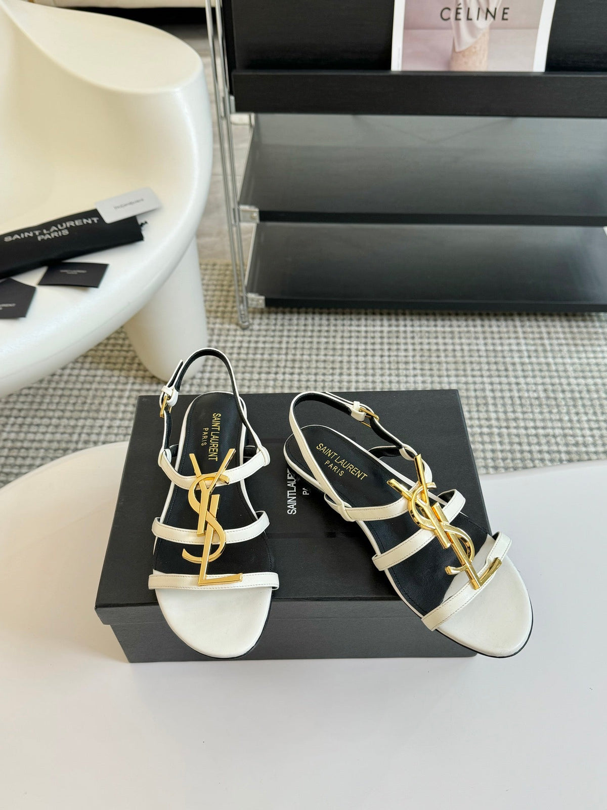 Yves SL Buckle Women Sandals Black White Leather
