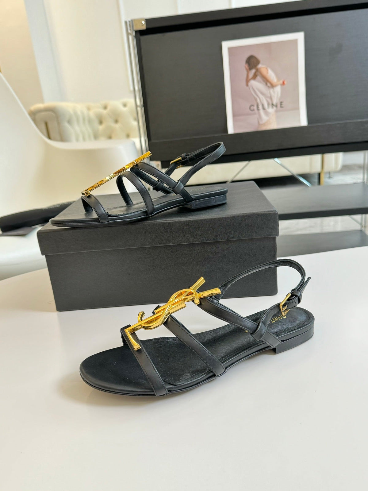 Yves SL Buckle Women Sandals Black Leather