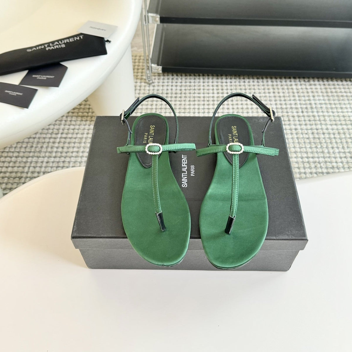 SL Silk Bow T-Strap Flat Sandals Green Leather