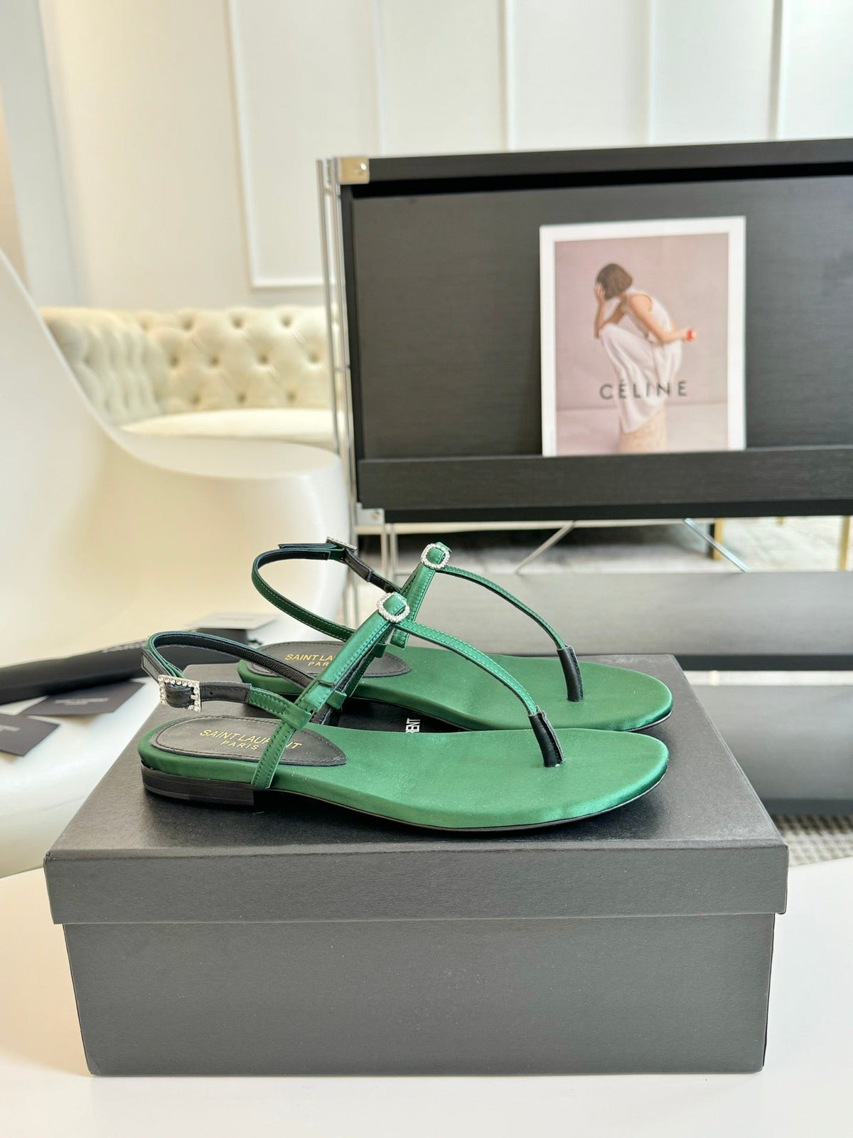SL Silk Bow T-Strap Flat Sandals Green Leather