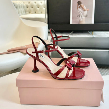 High Heels With Bows Crimson Color Glossy Leather
