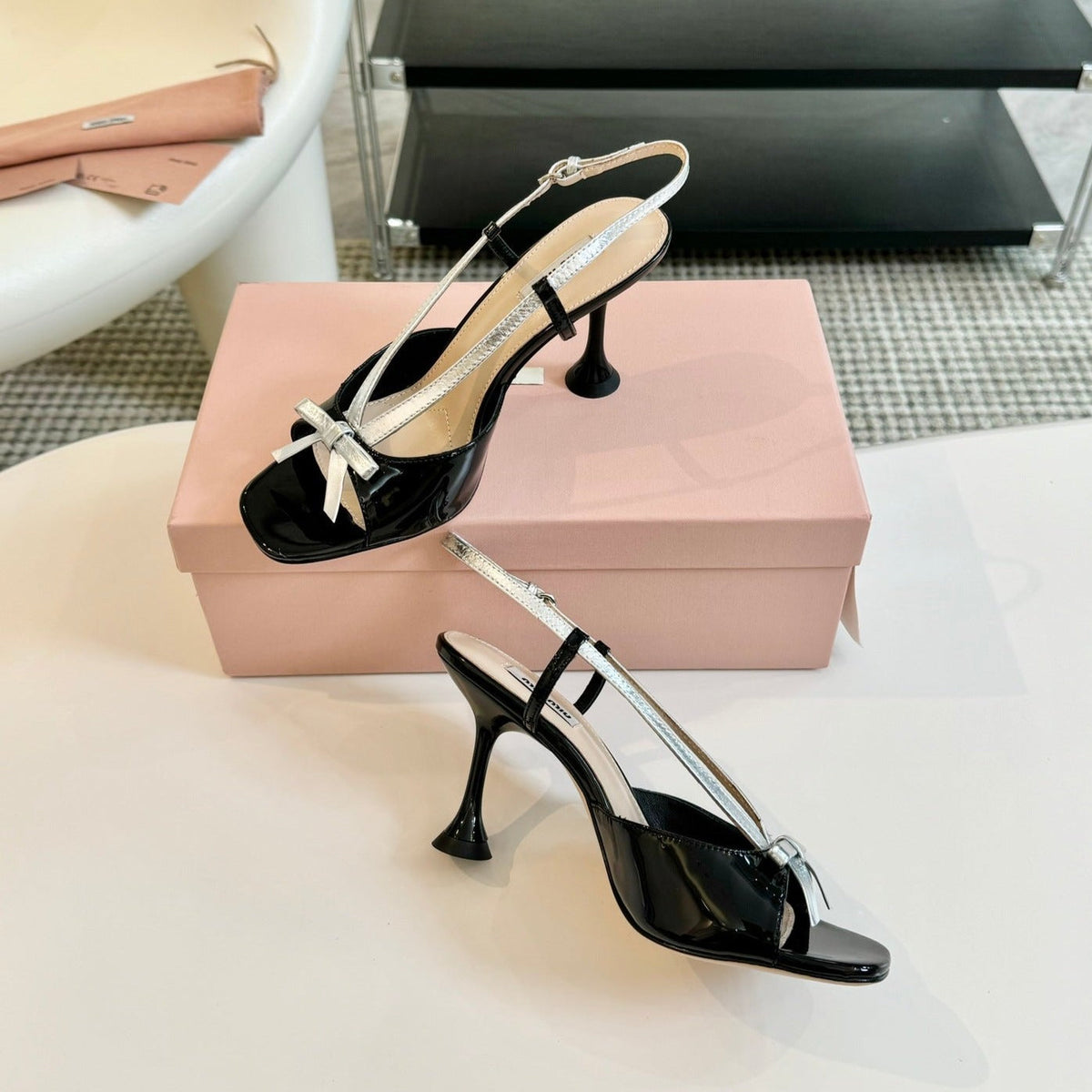 Black High Heels With Silver Bow