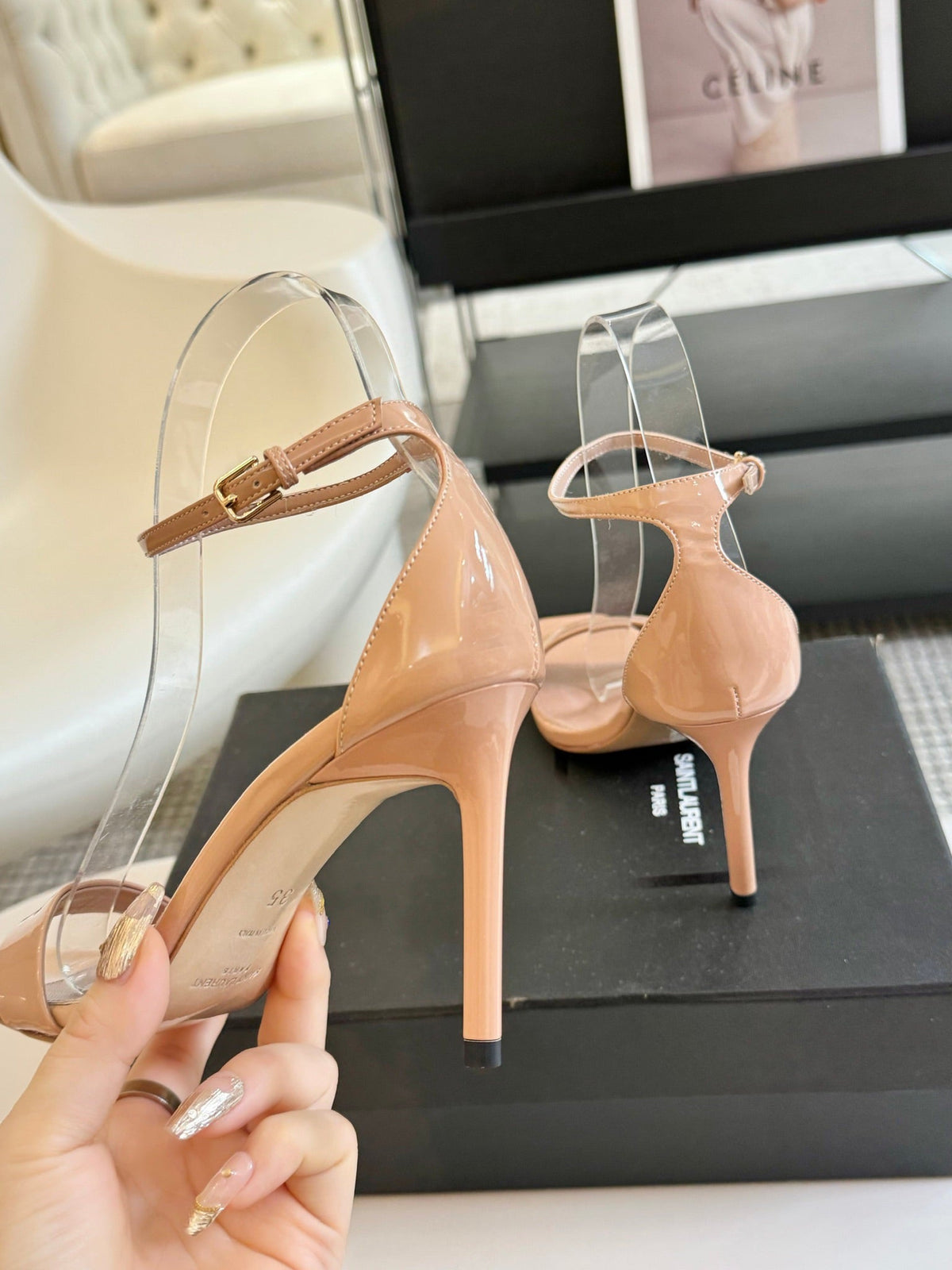 SL SQUARE-TOED HIGH HEELS BISQUE CALFSKIN